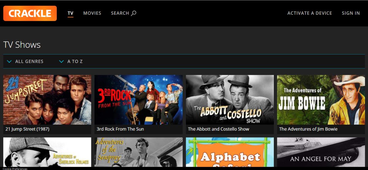 Crackle’s web page for the TV Shows category