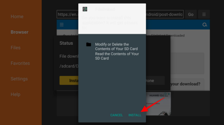 Downloader Browser Filelinked APK Install pop-up