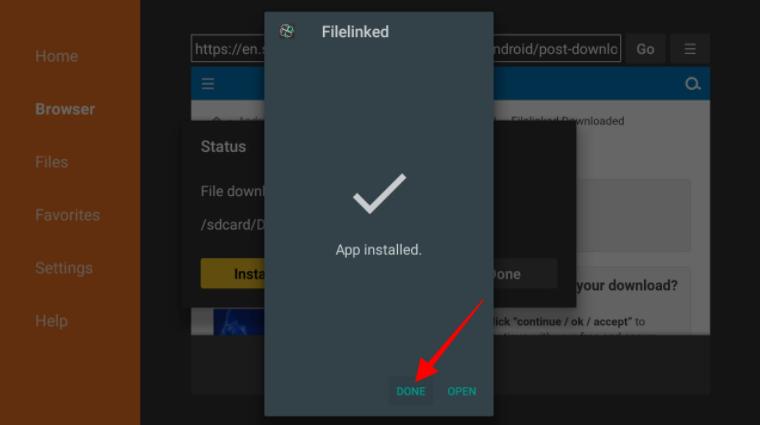 Downloader Browser Filelinked APK Installed pop-up Done highlighted