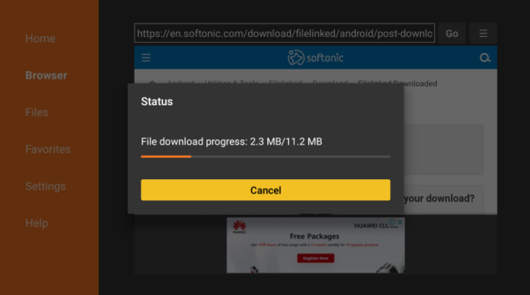 Downloader Browser Filelinked APK download status pop-up