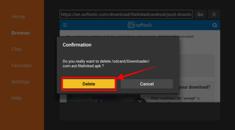 Downloader Browser Filelinked APK files delete confirmation pop-up