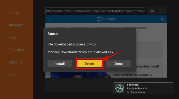 Downloader Browser Filelinked APK files delete pop-up