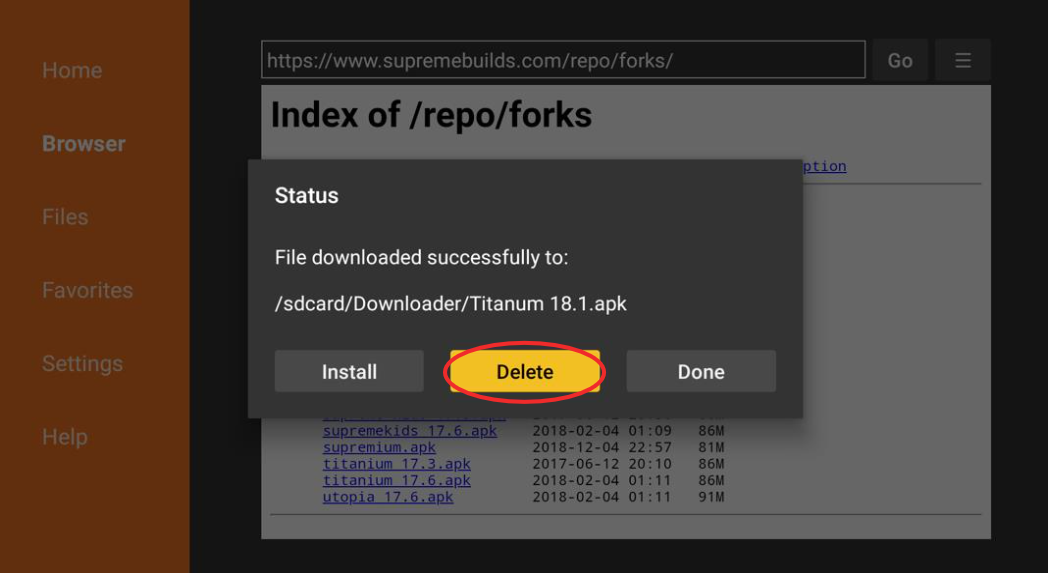 Downloader Browser screen Titanium 18.1 APK delete pop-up