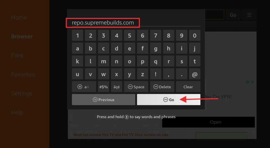 Downloader Browser screen keypad, type repo supremebuilds URL