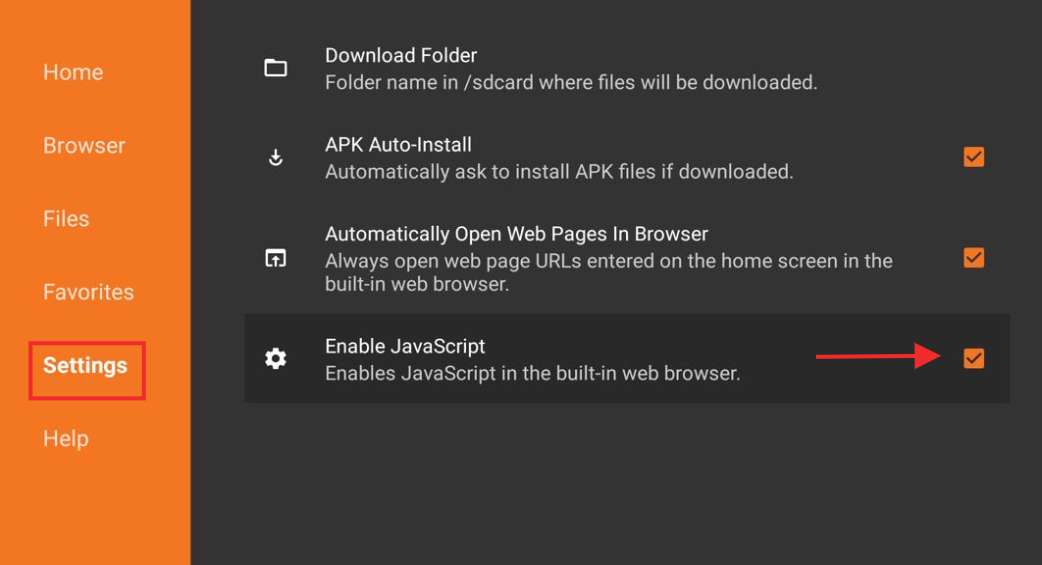 Downloader Settings option screen, Enable JavaScript is checked