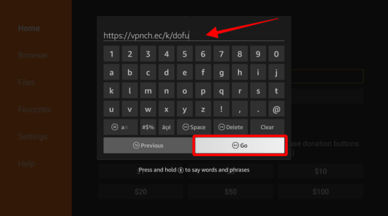 Downloader app keypad, type the dofu URL