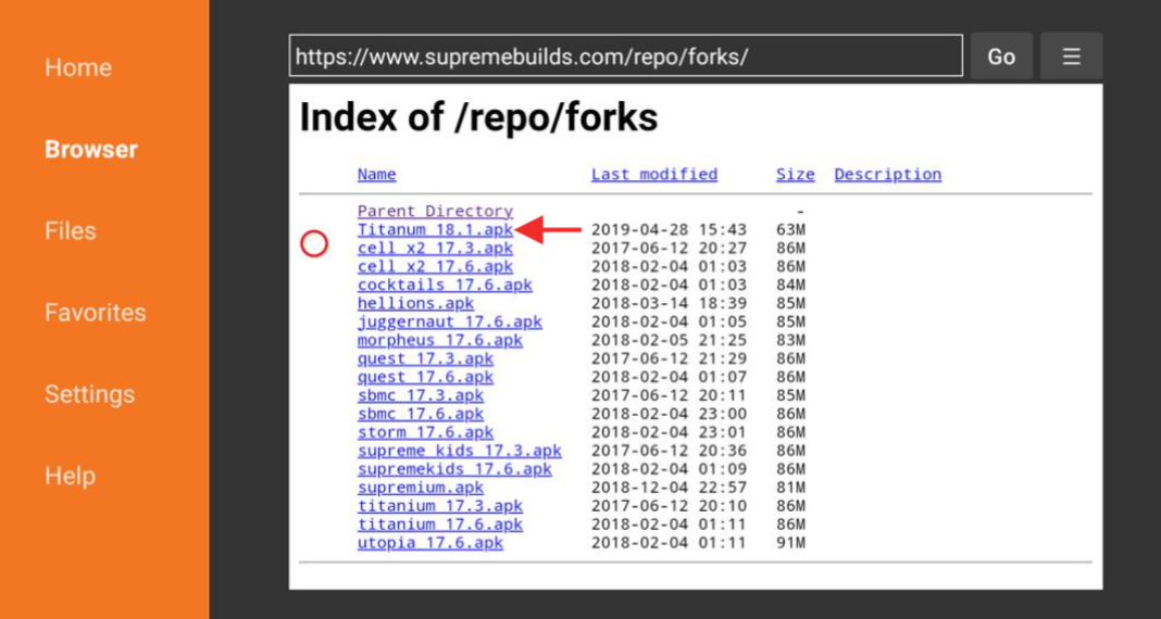 Downloader forks pop-up Titanium 18.1.apk highlighted