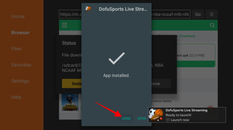 Downloader notification about Dofu Sports Live app installed