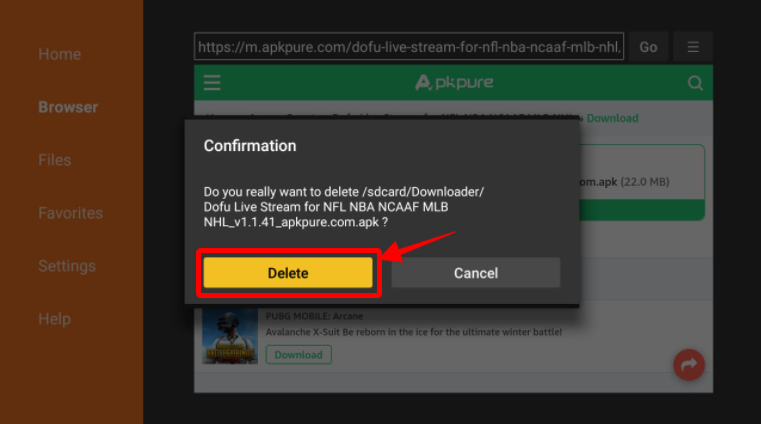 Downloader prompt to delete the Dofu Sports Live APK file