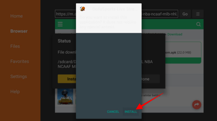 Downloader prompt to install Dofu Sports Live