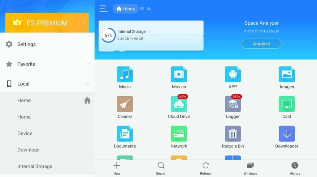 ES File manager Home screen