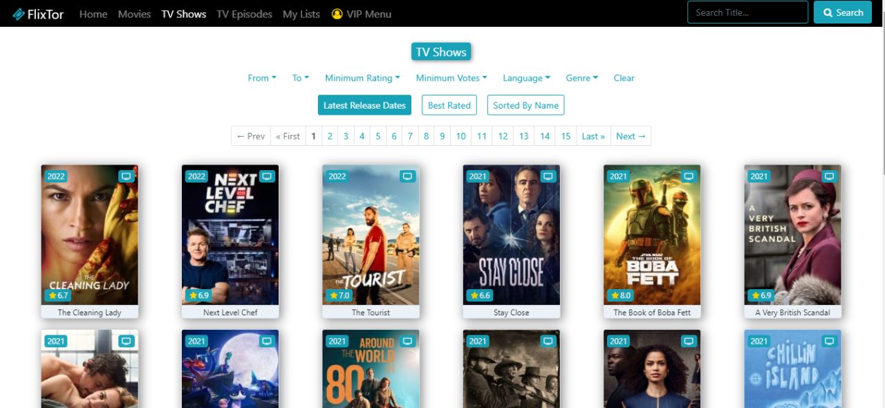 FlixTor web page for TV Shows category