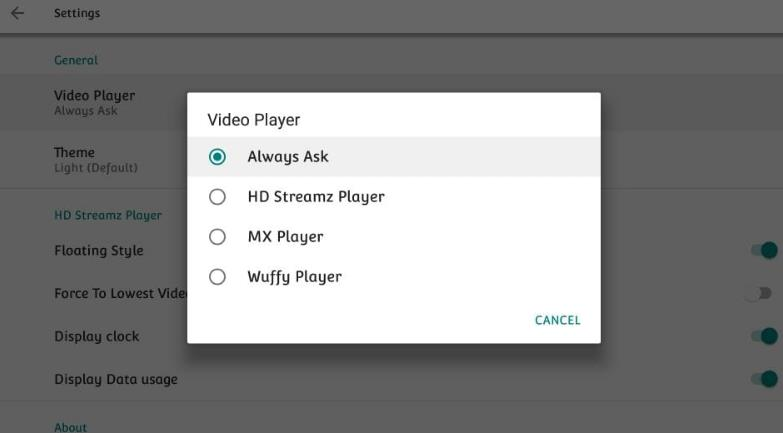 HD Streamz app Video Player prompt, choose your default player