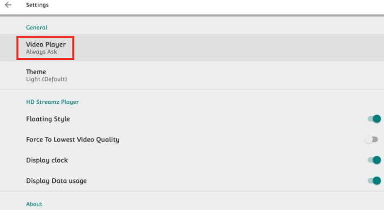 HD Streamz app setting Video Player in the General category