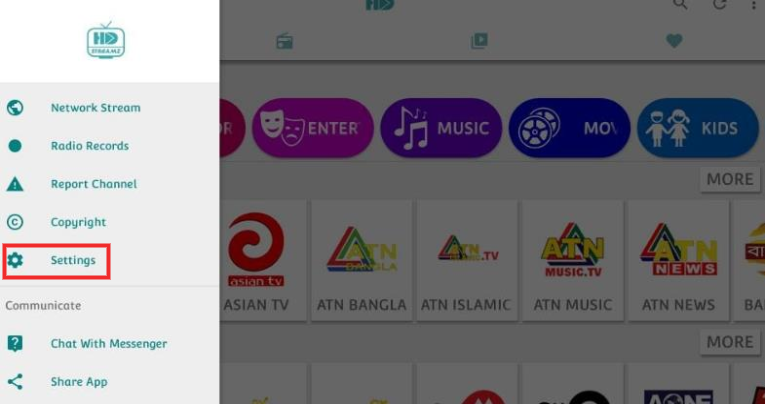 HD Streamz app setting