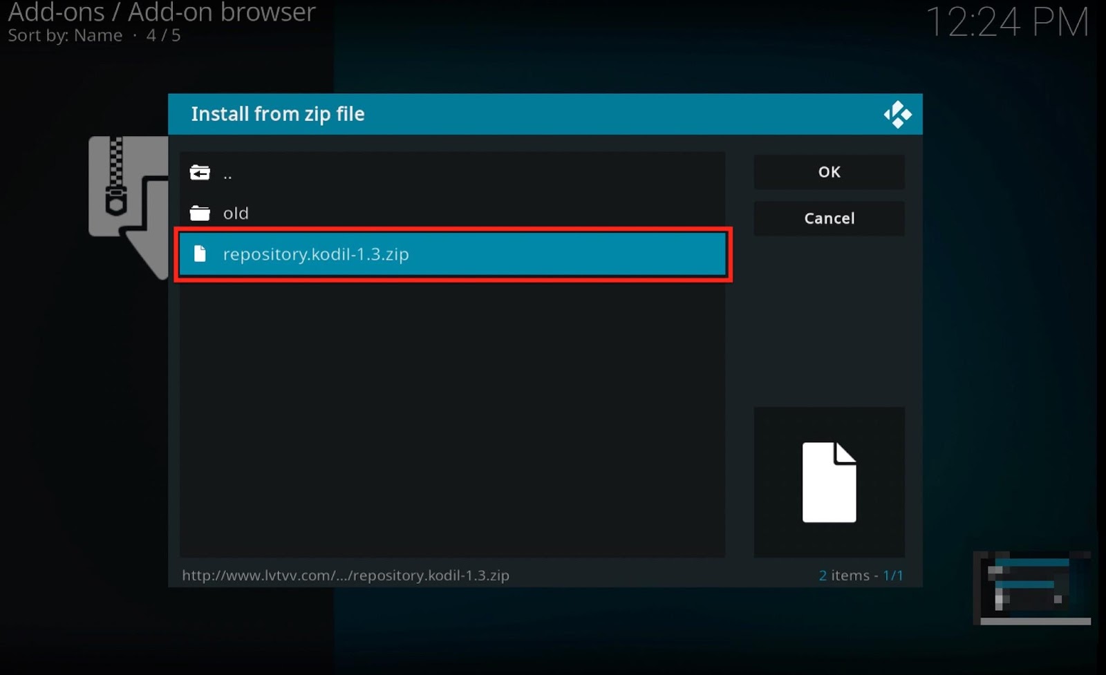 Install from zip file with repository.kodil-1.3.zip highlighted