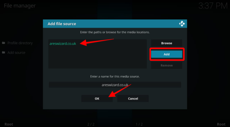 Install the Ares Wizard on Kodi app by going to ‘Install Repositories’ Add file source option