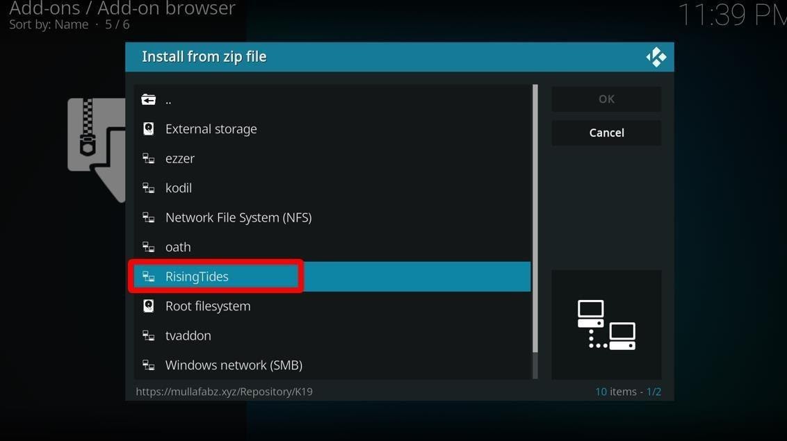 Kodi Add-ons Install from Zip file pop-up with RisingTides highlighted