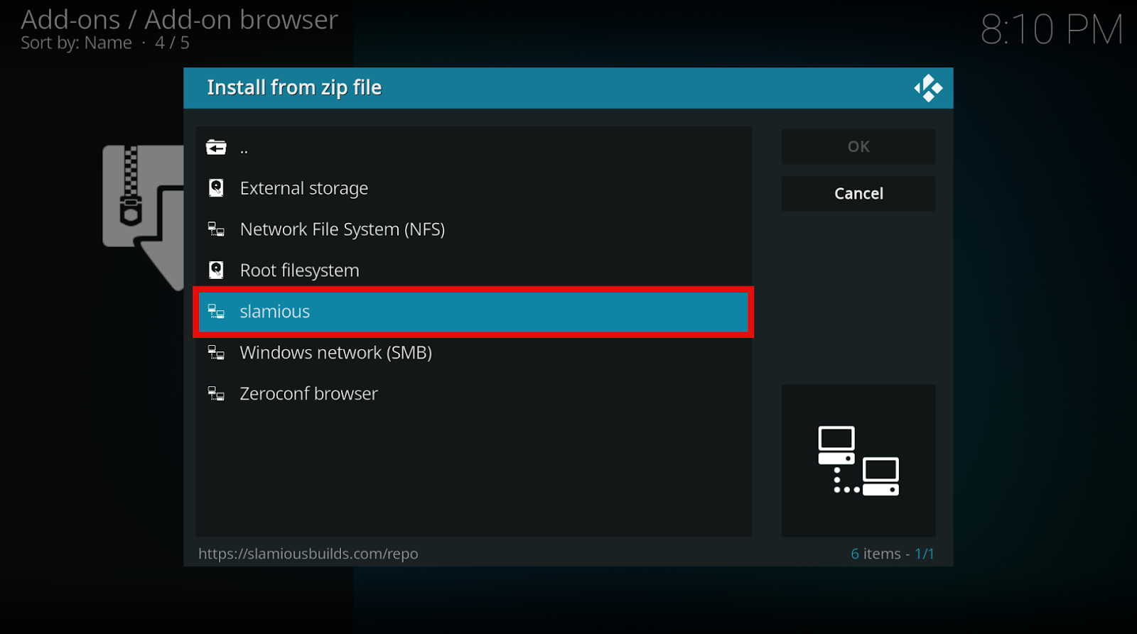 Kodi Add-ons Install from Zip file pop-up with Slamious highlighted