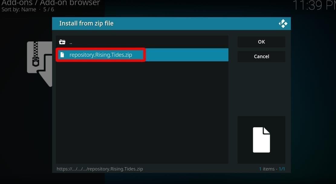 Kodi Add-ons Install from Zip file pop-up with repository.RisingTides highlighted