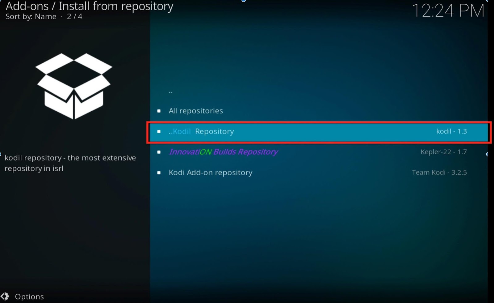 Kodi Add-ons Install from repository Kodil repository highlighted