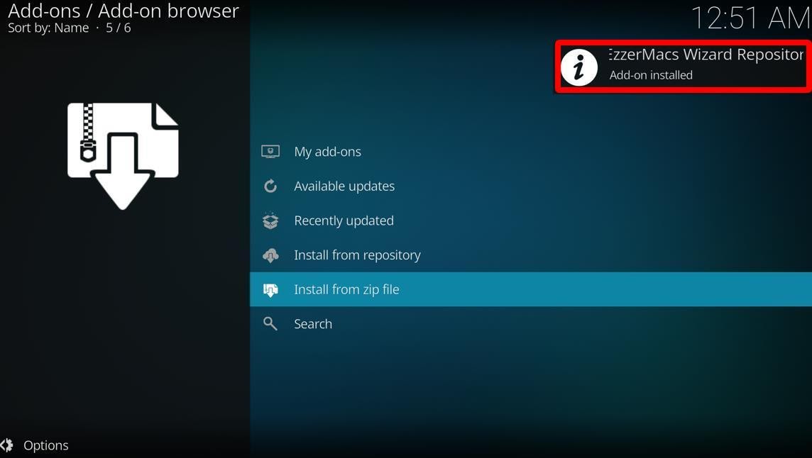 Kodi Add-ons browser EzzerMacs Wizard Repository addon installed notification