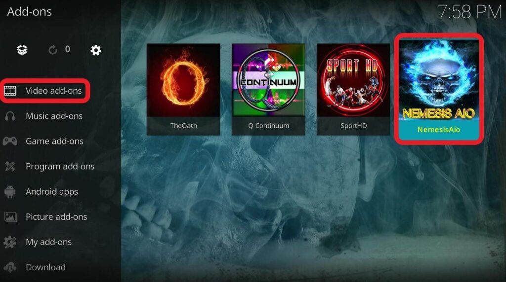 Kodi Add-ons screen video add-ons highlighted