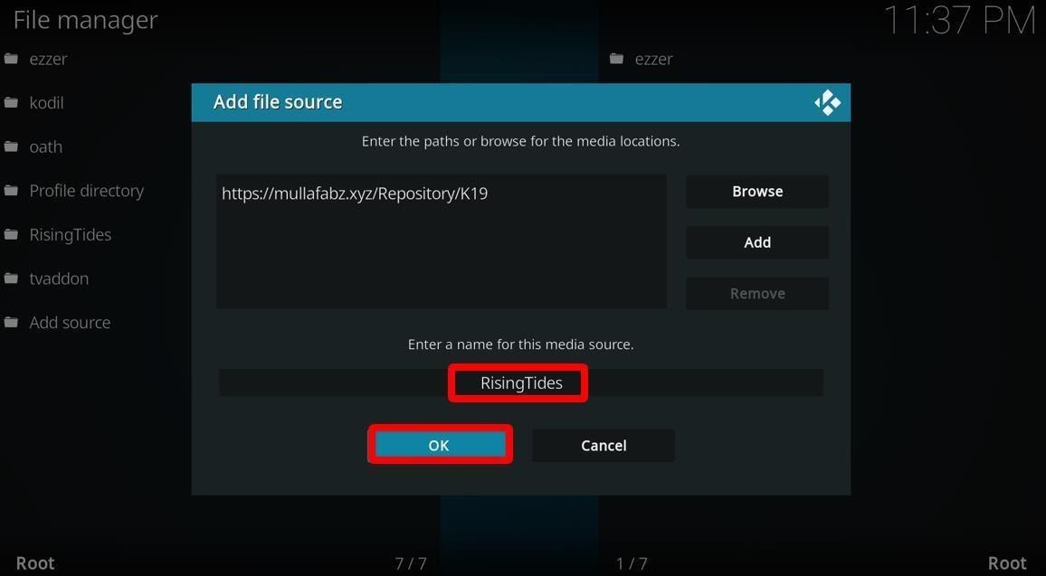 Kodi File Manager pop-up to enter a name for RidingTides media source