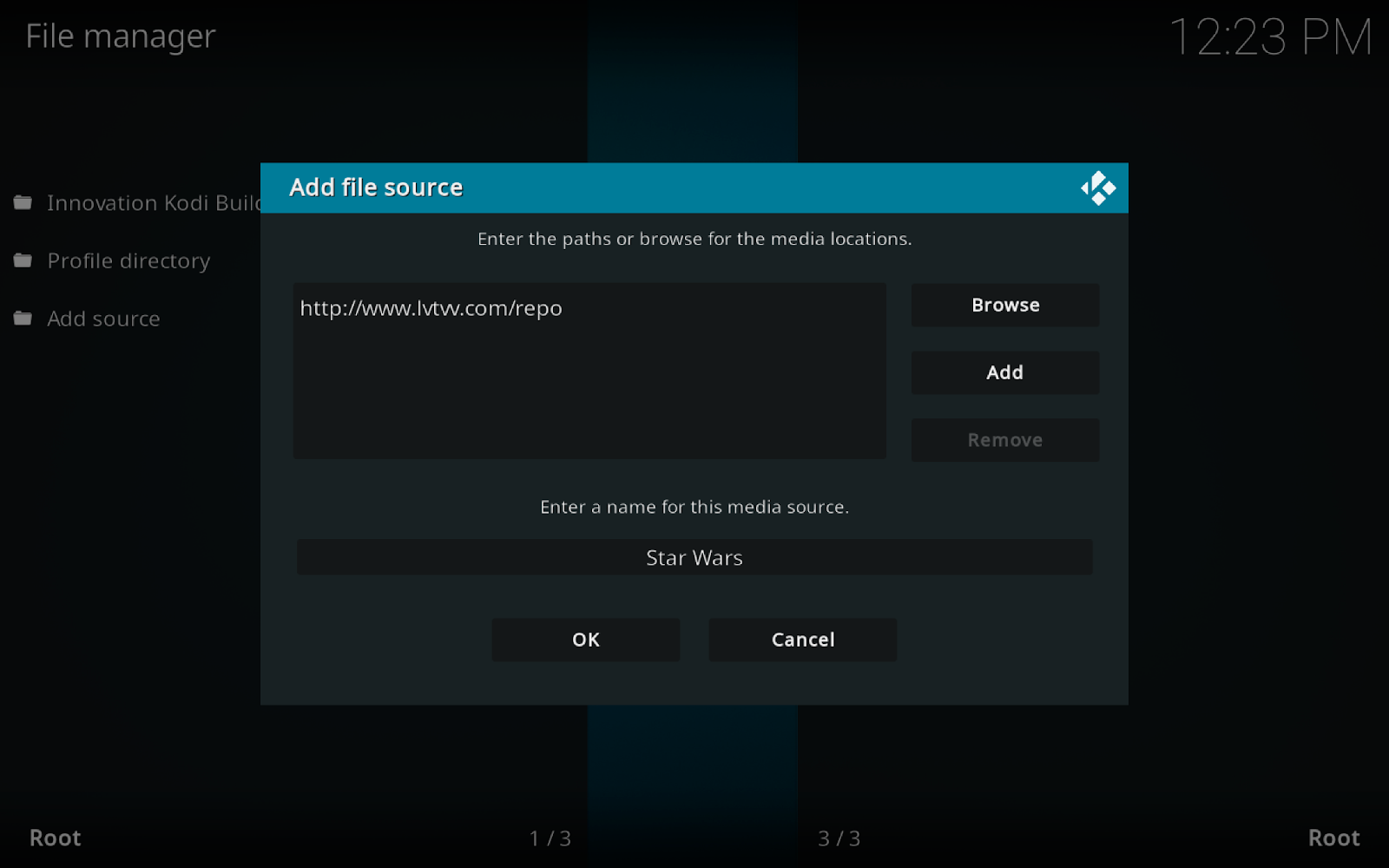 Kodi File Manager pop-up to enter a name for lvtvv media source