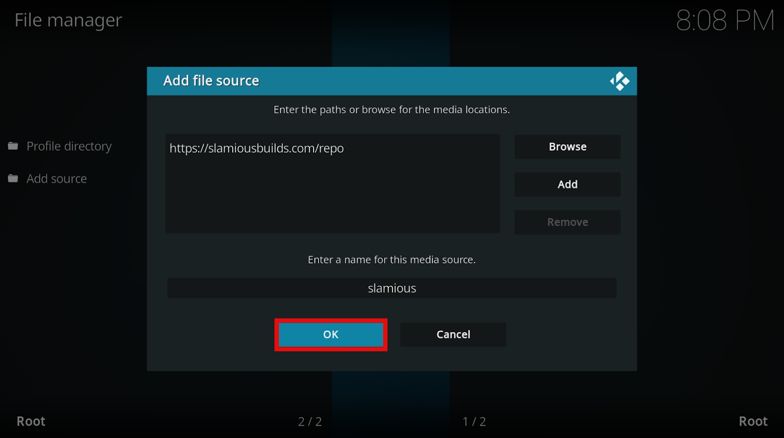 Kodi File Manager pop-up to enter a name for slamiousbuilds media source, click OK