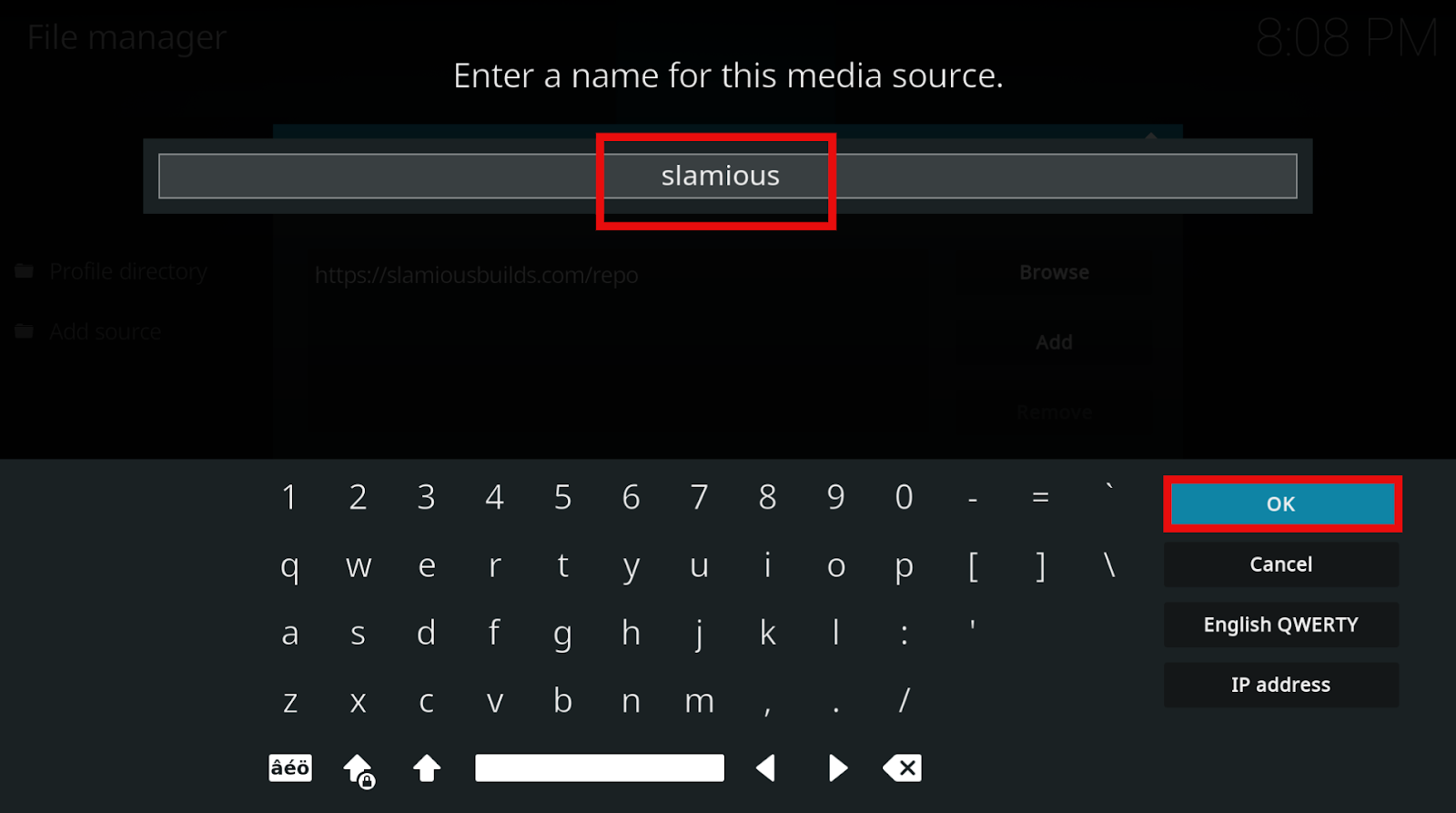 Kodi File Manager pop-up to enter a name for slamiousbuilds media source