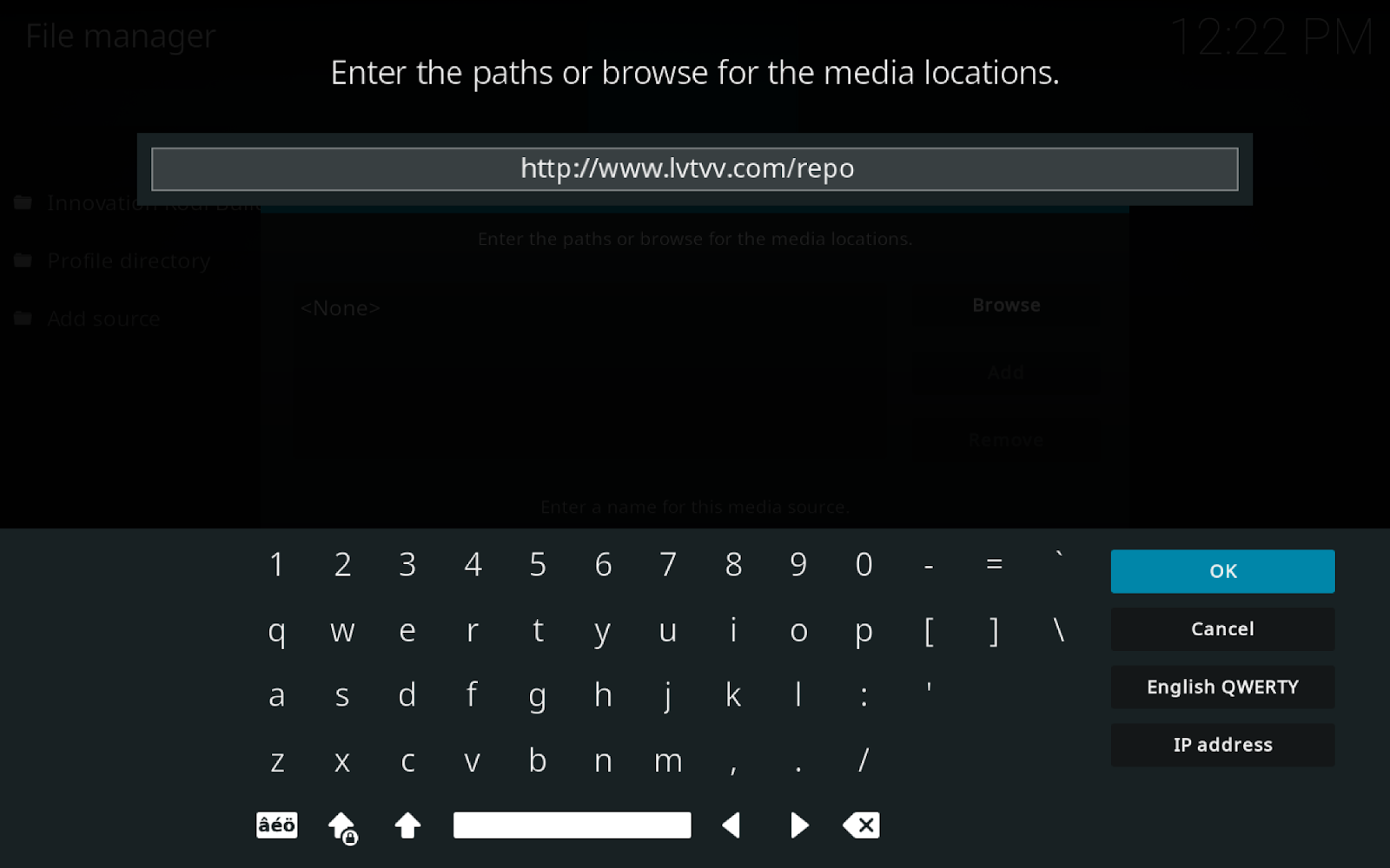 Kodi File Manager pop-up to enter www.lvtvv.com repo