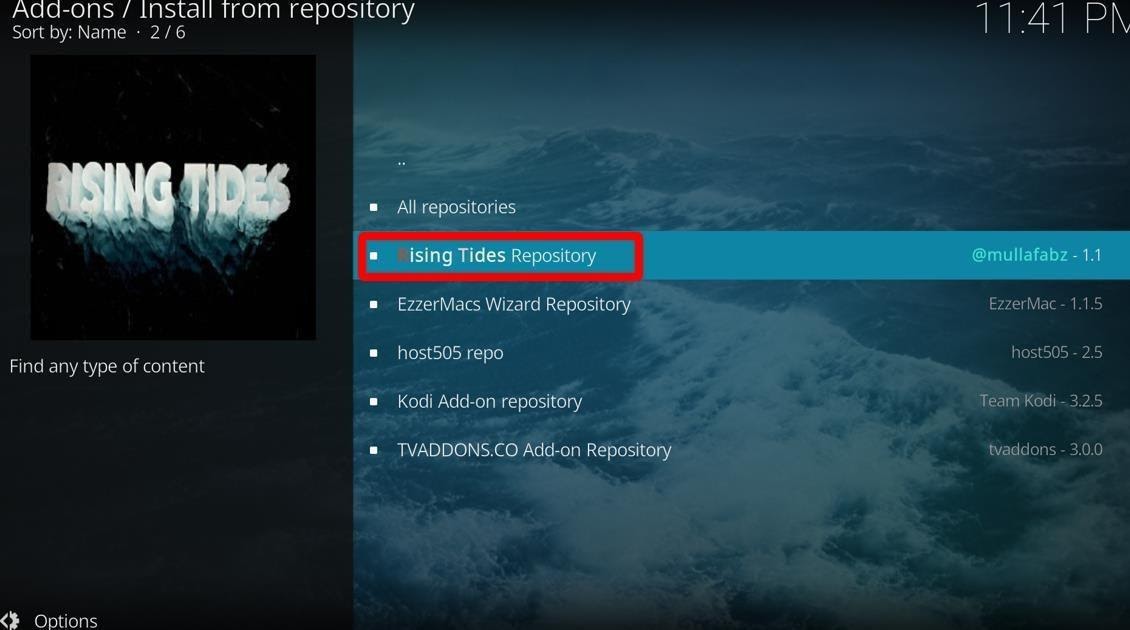 Kodi Install from Repositiry window Rising Tides Repository highlighted