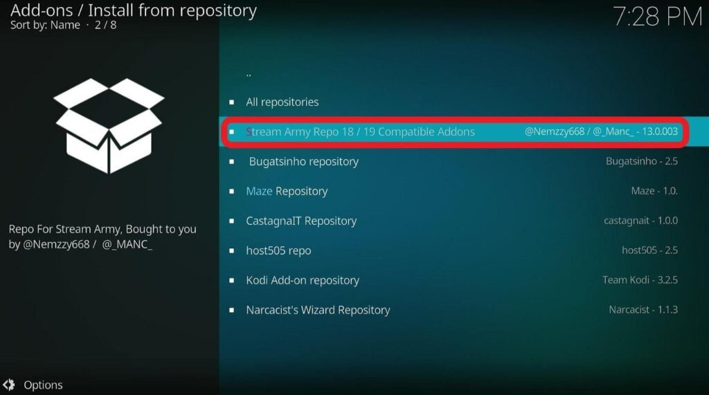 Kodi Install from repository Stream Army Repo highlighted