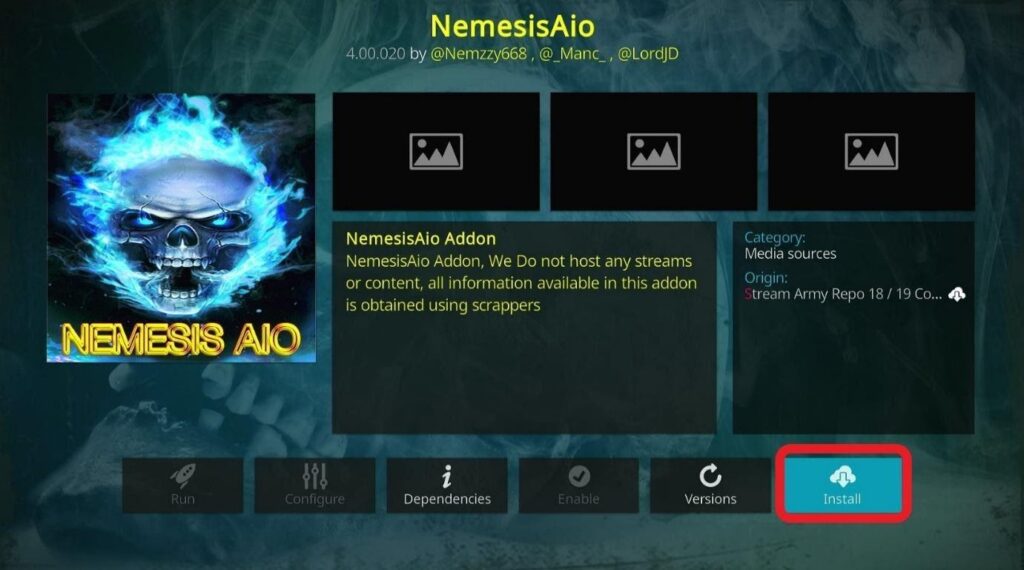 Kodi NemesisAIO screen Install highlighted