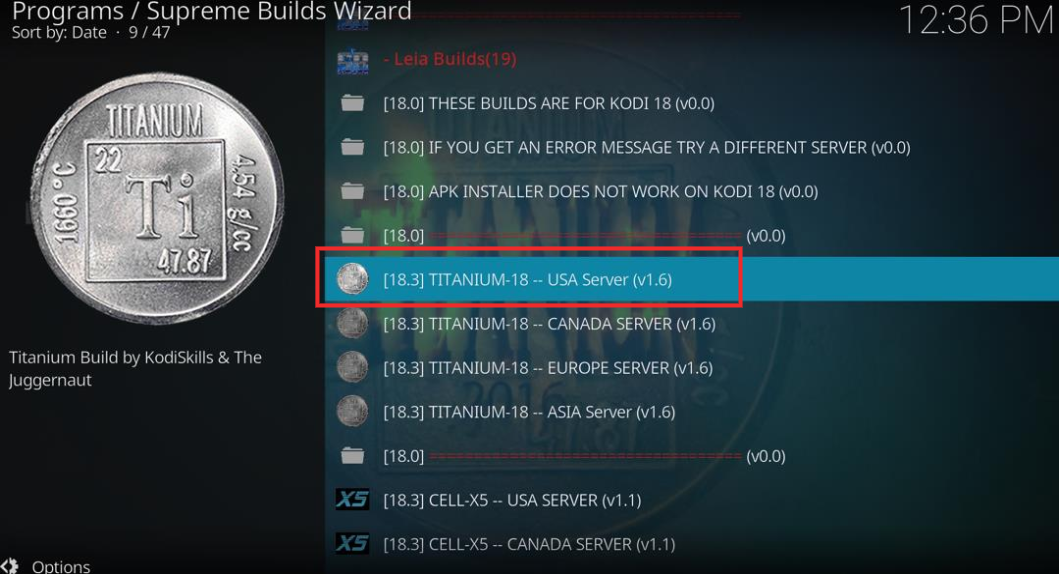 Kodi Programs Supreme builds wizard screen Titanium 18.1 highlighted