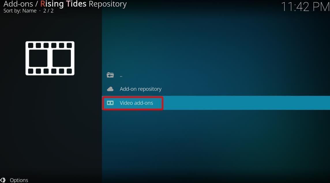 Kodi Rising Tides Repository window video add-ons highlighted