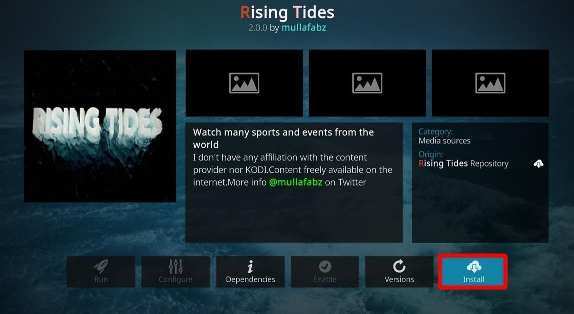 Kodi Rising Tides pages, Install highlighted