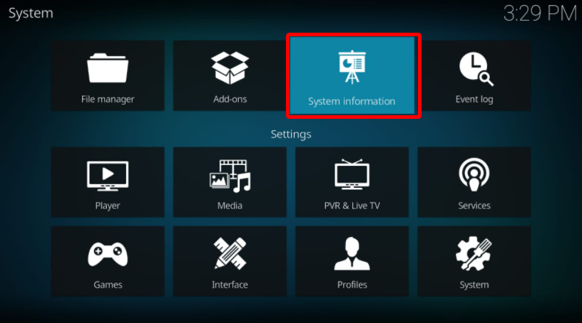 Kodi System menu click on System Information