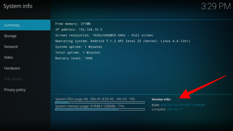 Kodi System summary window showing Kodi version