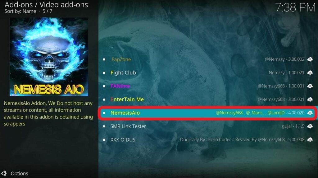 Kodi Video add-ons screen NemesisAIO highlighted