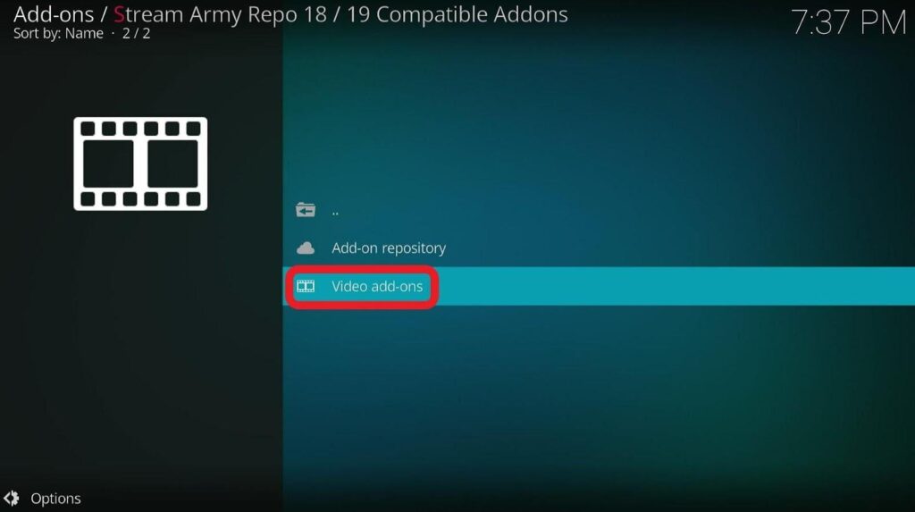 Kodi add-ons Stream army Repo 18 19 Compatible Addons screen, video add-ons highlighted