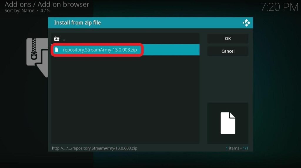 Kodi add-ons browser, Install from zip file pop up select ‘streamarmy’