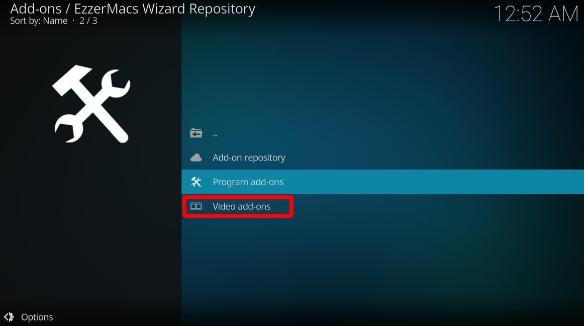 Kodi add-ons prompt EzzerMacs Wizard repository Video add-ons highlighted