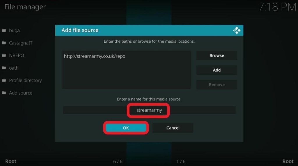 Kodi file manager Add file source name it streamarmy