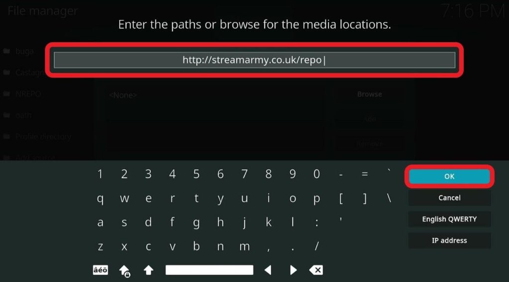 Kodi pop-up with a URL box. Type this URL streamarmy.co.uk repo