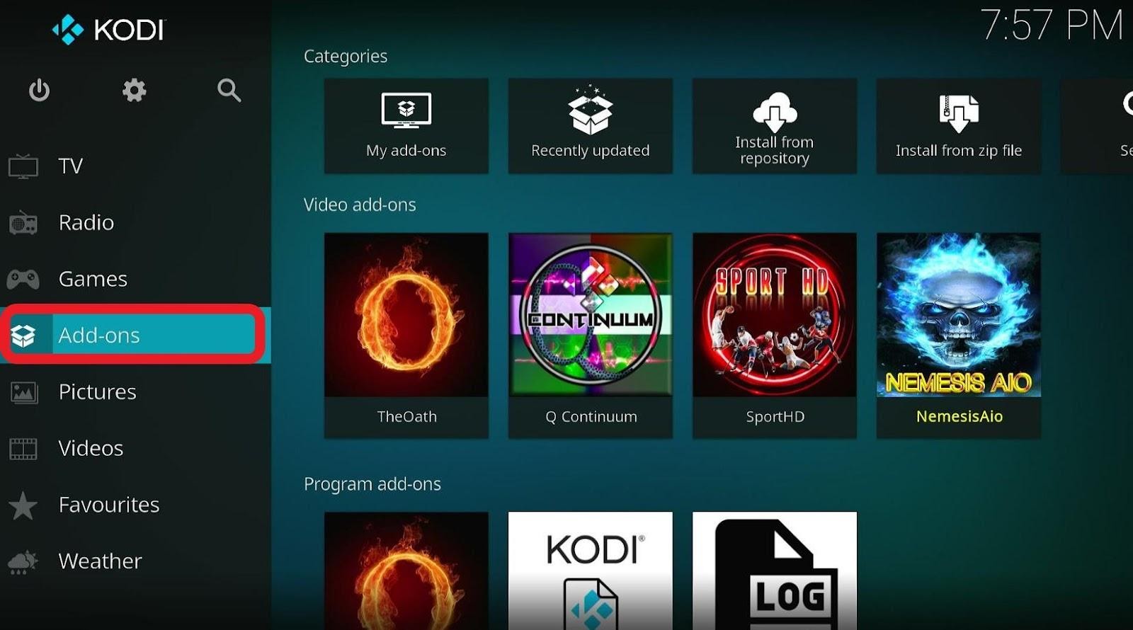 Kodi screen Add-ons highlighted