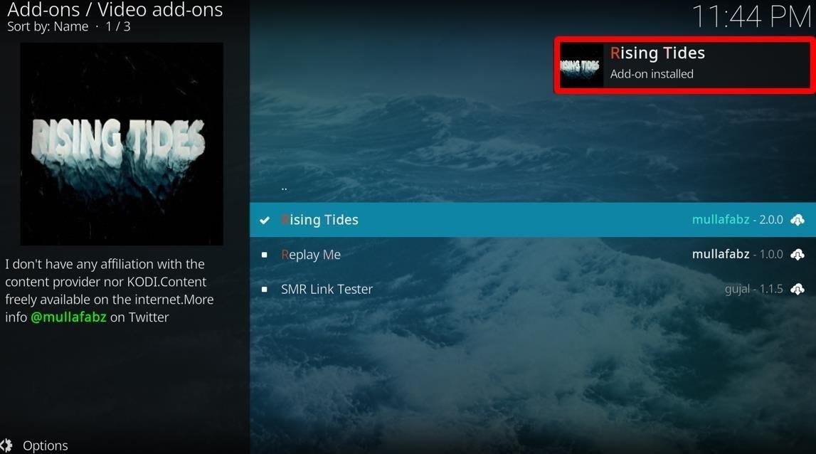 Kodi video add-ons Rising Tides add-ons installed prompt