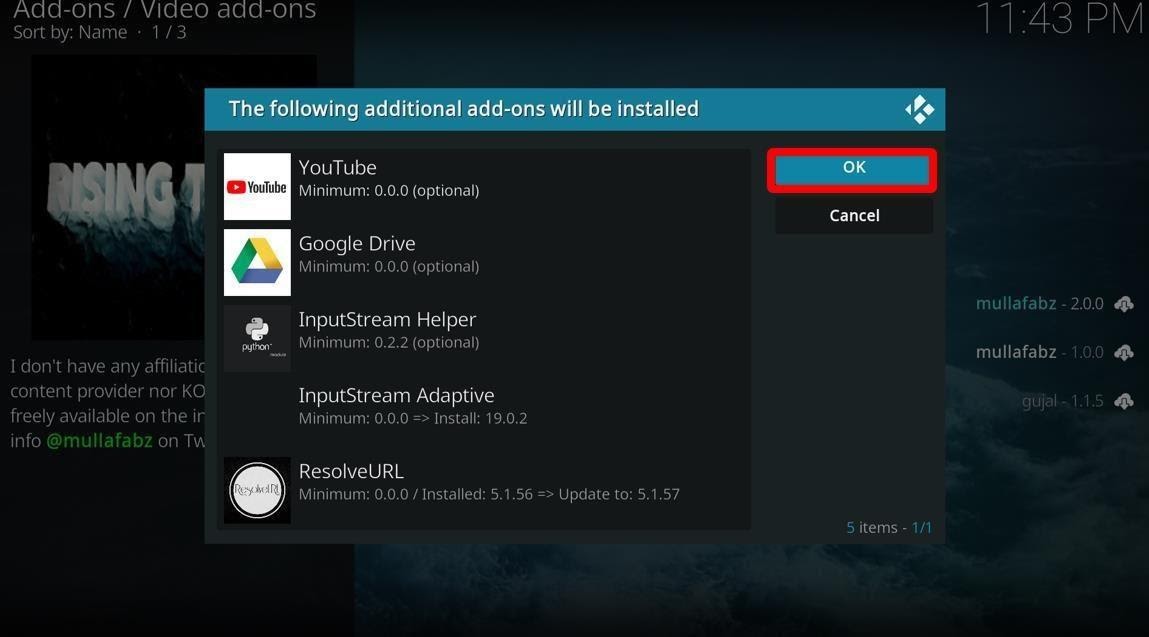 Kodi video addons additionsl add-ons list prompt