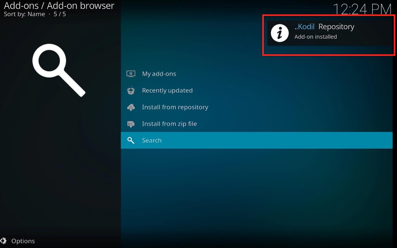 Kodi window notification Kodil Repository Add-on installed